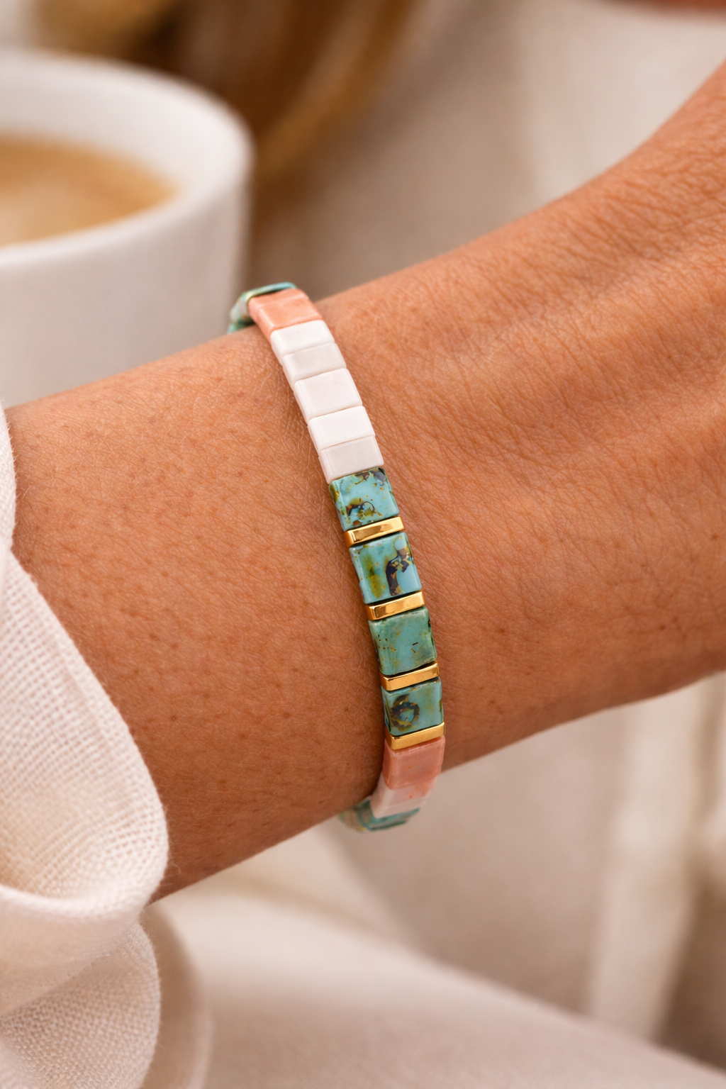 Bracelet Boho perles Tila - Rose blanc turquoise