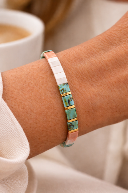 Bracelet Boho perles Tila - Rose blanc turquoise
